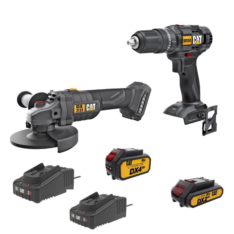 CAT Drill 13mm & Grinder 115mm Tool Set 1 x 2A.h battery 1 x 4 A.h Battery 2 x chargers