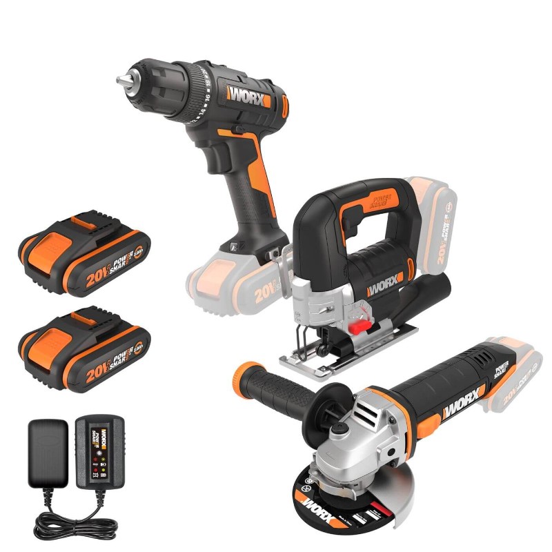 WORX Screwdriver+ Jigsaw + Angle Grinder + 2 x 2A.h Batteries + Charger